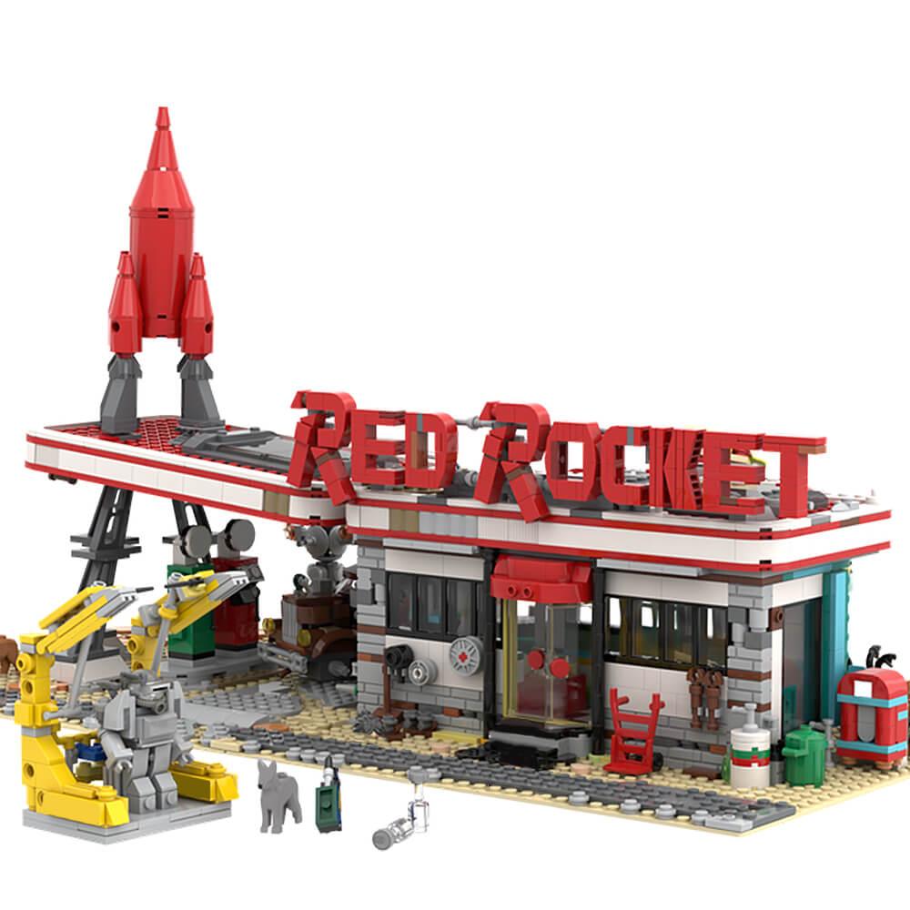 2037PCS Red Rocket Modular Gas Station From Fellout MOC Building Block mocpixel