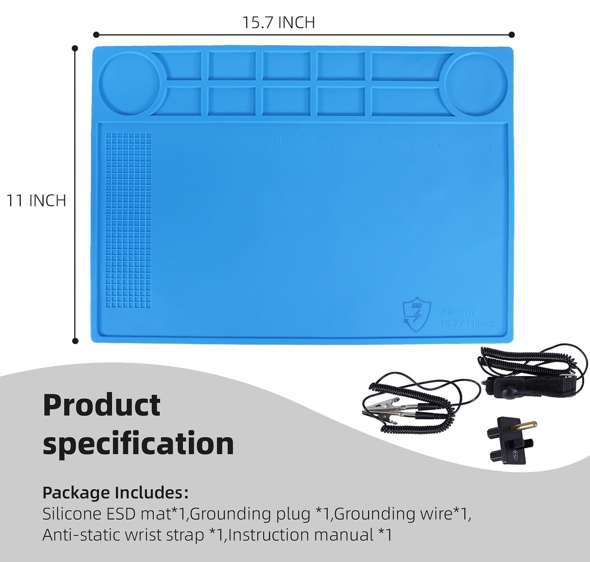 ESD Anti-Static Mat with ESD Wrist Strap and Grounding kit, ESD Safe pad for Electronic, Computer, IPhone, etc.